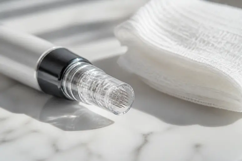 Appareil de microneedling stérile et embout à fines aiguilles posé sur un plan de travail