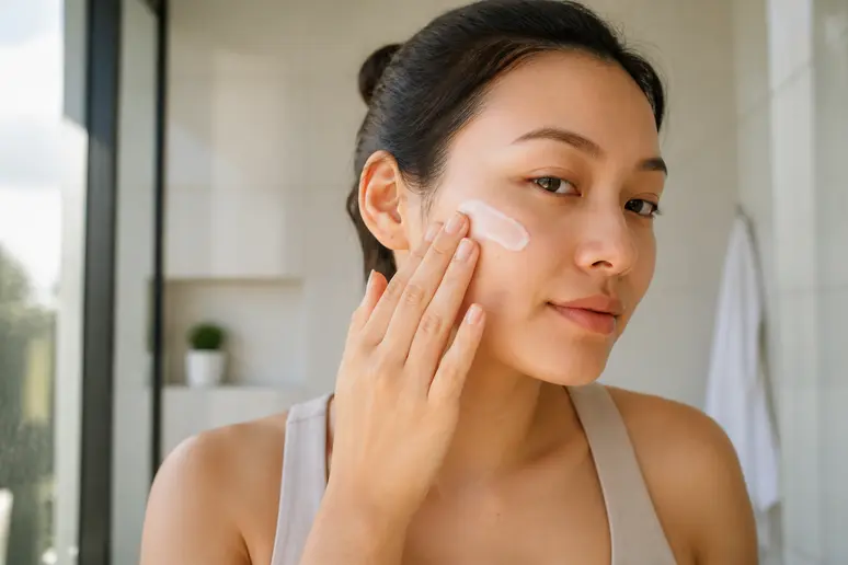 Personne appliquant une crème apaisante sur le visage après une séance de soin