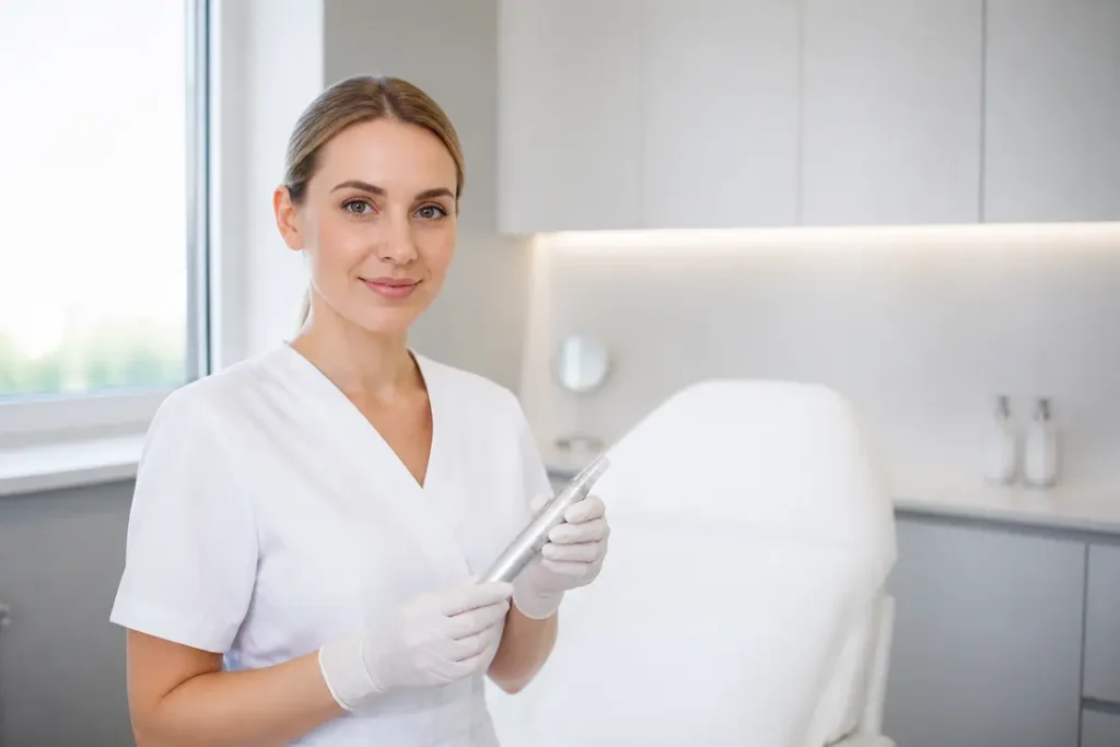 Un professionnel examine un appareil de microneedling avis négatif dans un cabinet lumineux