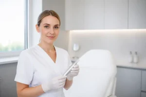 Un professionnel examine un appareil de microneedling avis négatif dans un cabinet lumineux