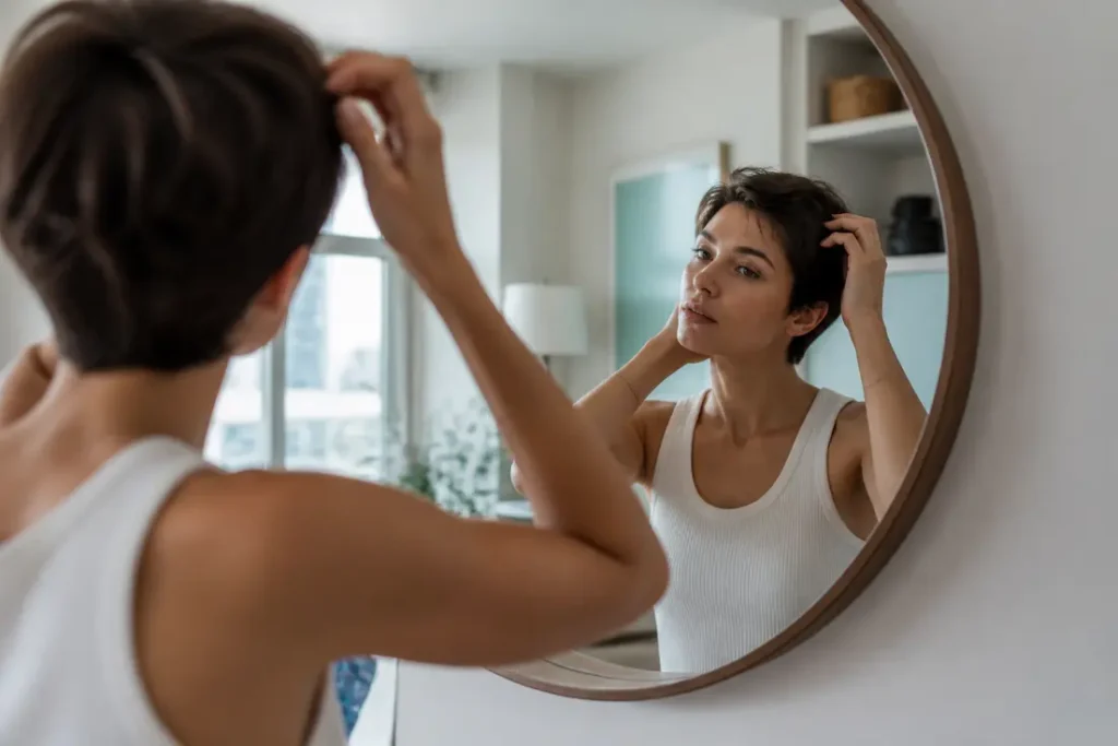 Une femme s'observe délicatement devant le miroir pour surveiller sa pelade cheveux au quotidien
