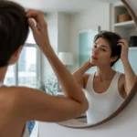Pelade des cheveux : la repousse en 6 à 18 mois ? Une femme s'observe délicatement devant le miroir pour surveiller sa pelade cheveux au quotidien