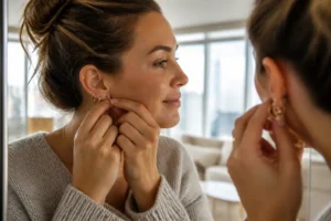 Jeune femme montrant son style avec un piercing oreille signification et plusieurs petits anneaux dorés