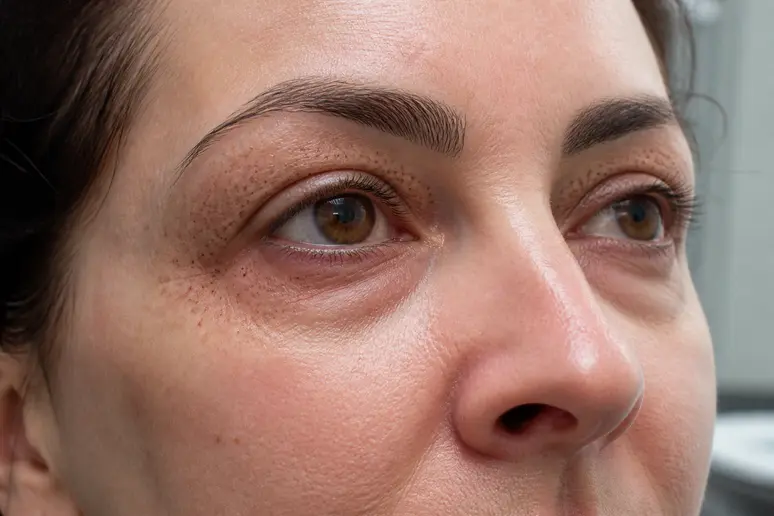 Aspect des micro-croûtes sur la peau après une séance de Plexr autour des yeux