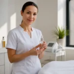 Esthéticienne professionnelle dans un cabinet de soins préparant un traitement PRX T33 sans injection