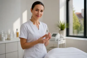 Esthéticienne professionnelle dans un cabinet de soins préparant un traitement PRX T33 sans injection