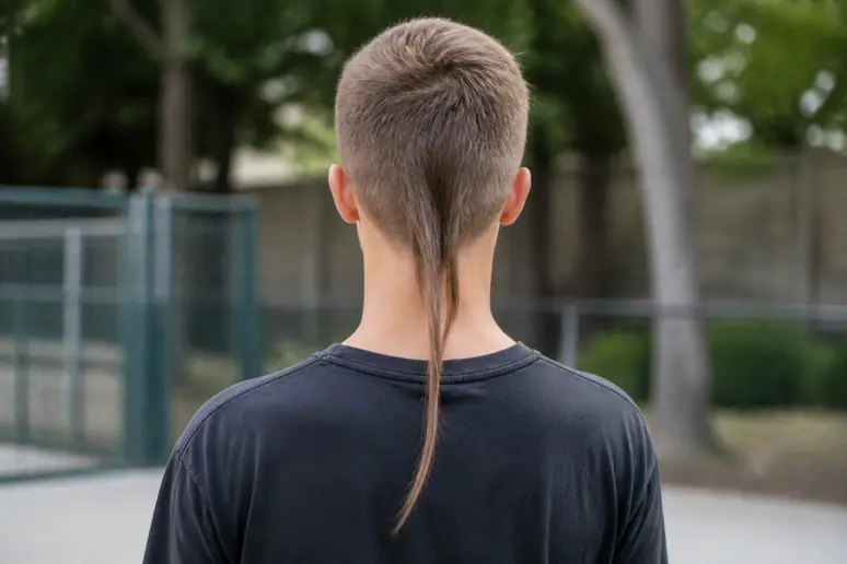 Adolescent de dos présentant une queue de rat bien distincte sur cheveux courts.