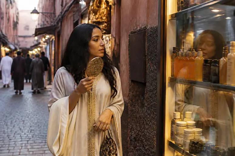 Une femme marocaine réfléchit à son reflet en passant devant un commerce, rêver de se faire couper les cheveux.