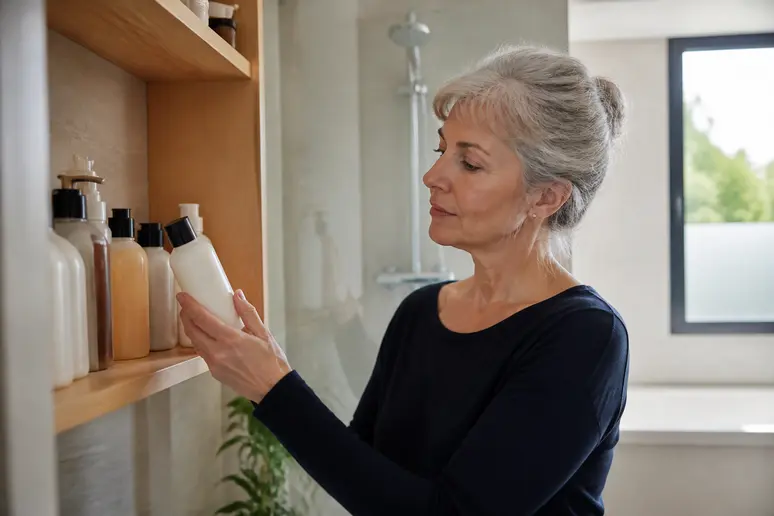 Femme française choisissant un shampoing pour cheveux grisonnants dans sa salle de bain.
