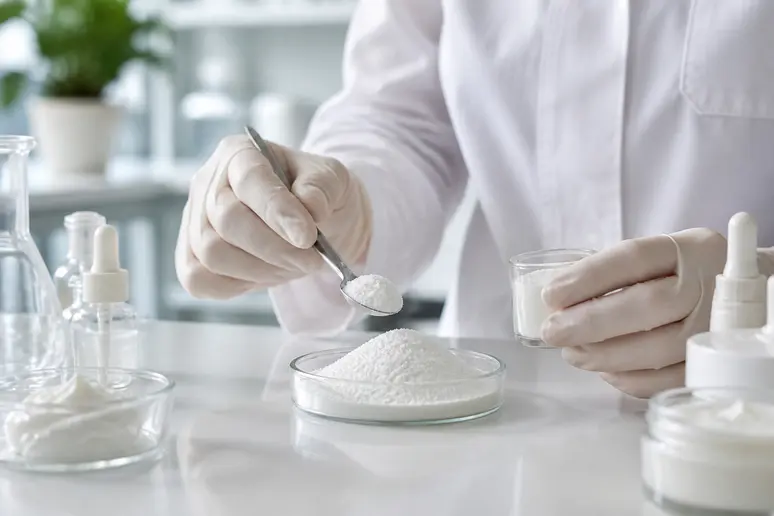 Manipulation de poudre tensioactive douce dans un laboratoire de formulation cosmétique.