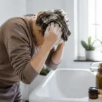 Tensioactif naturel ou synthétique : que choisir ? Personne utilisant un produit tensioactif naturel pour un soin capillaire dans une salle de bains lumineuse.