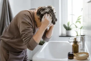 Personne utilisant un produit tensioactif naturel pour un soin capillaire dans une salle de bains lumineuse.