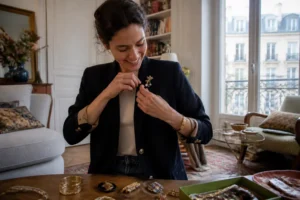 Une jeune femme ajuste un accessoire audacieux sur sa tenue chic détail choc original dans un salon lumineux