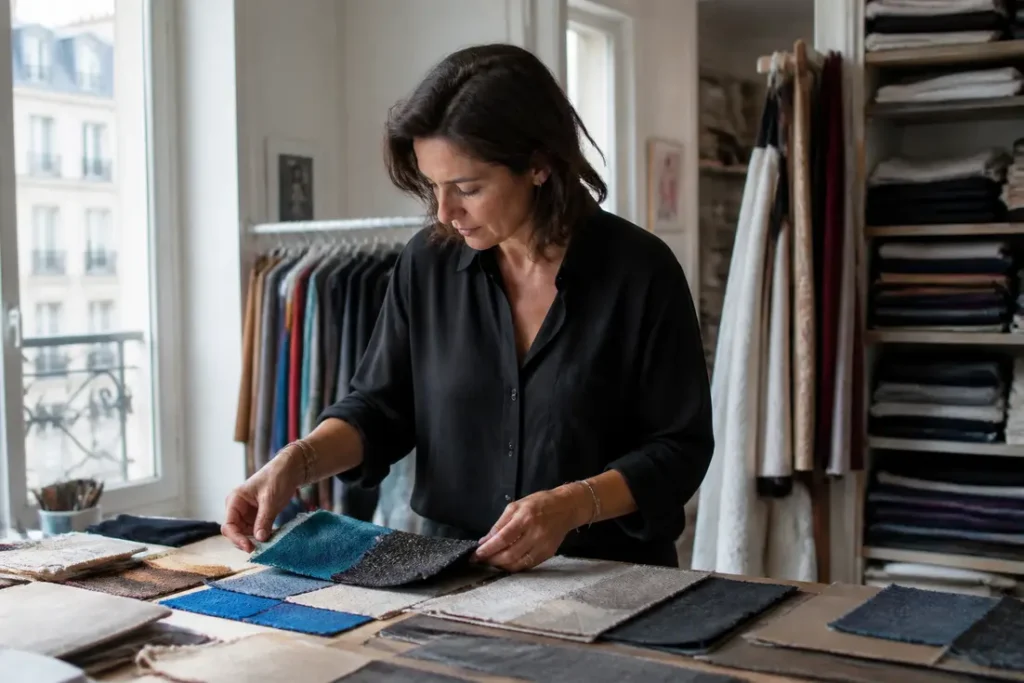 Une styliste examine des échantillons de tissus dans un atelier pour illustrer le top 100 marque de vêtement femme.