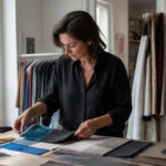 Top 10 des marques femme : prêt-à-porter et créateurs Une styliste examine des échantillons de tissus dans un atelier pour illustrer le top 100 marque de vêtement femme.