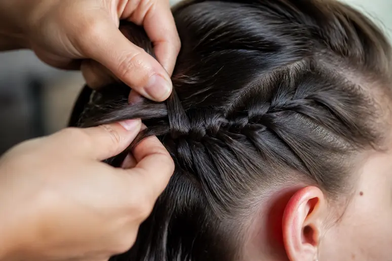 Mains réalisant une tresse en couronne plaquée sur des cheveux courts