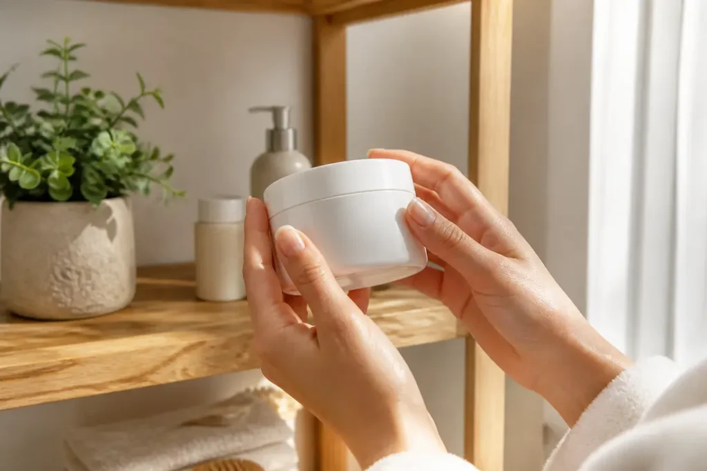 Flacon de urée crème posé sur une étagère en bois dans une salle de bains lumineuse.
