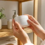 L’urée en crème : 30 % pour quelle peau ? Flacon de urée crème posé sur une étagère en bois dans une salle de bains lumineuse.