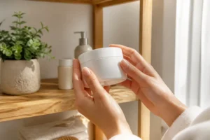 Flacon de urée crème posé sur une étagère en bois dans une salle de bains lumineuse.