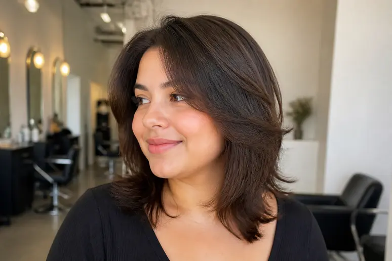 Coupe mi-longue dégradée effilée visage rond, avec volume sur le dessus pour allonger les traits.
