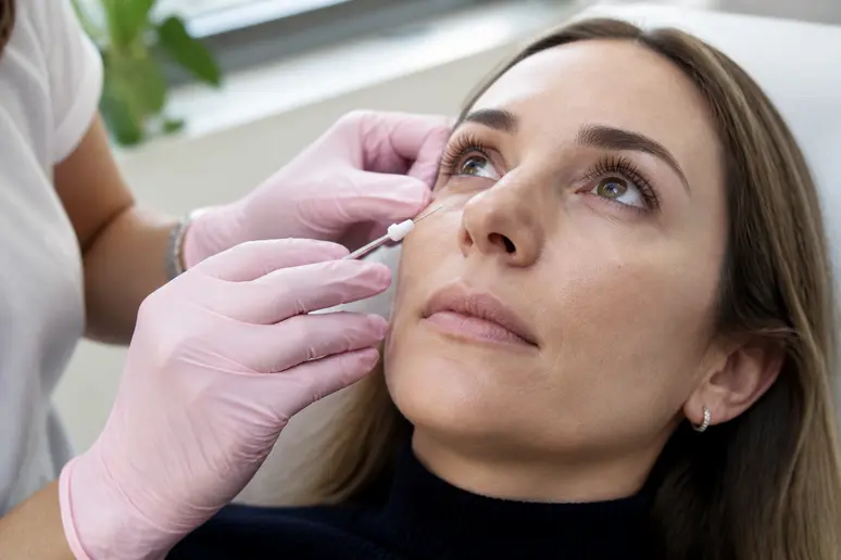 Praticien utilisant une micro-canule pour combler les cernes par injection d'acide hyaluronique