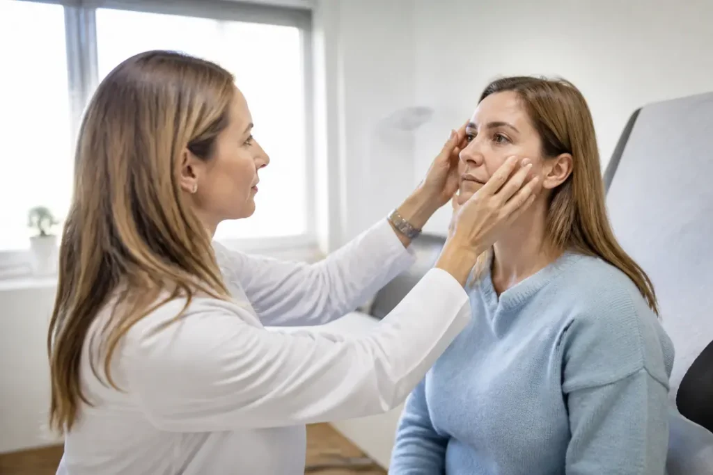 Praticien consultant une patiente dans un cabinet médical lumineux pour un traitement par acide hyaluronique cernes