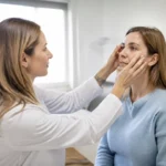 Praticien consultant une patiente dans un cabinet médical lumineux pour un traitement par acide hyaluronique cernes