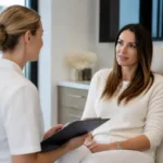 Patiente en consultation dans un cabinet médical pour un soin de botox ride du lion