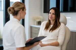 Patiente en consultation dans un cabinet médical pour un soin de botox ride du lion