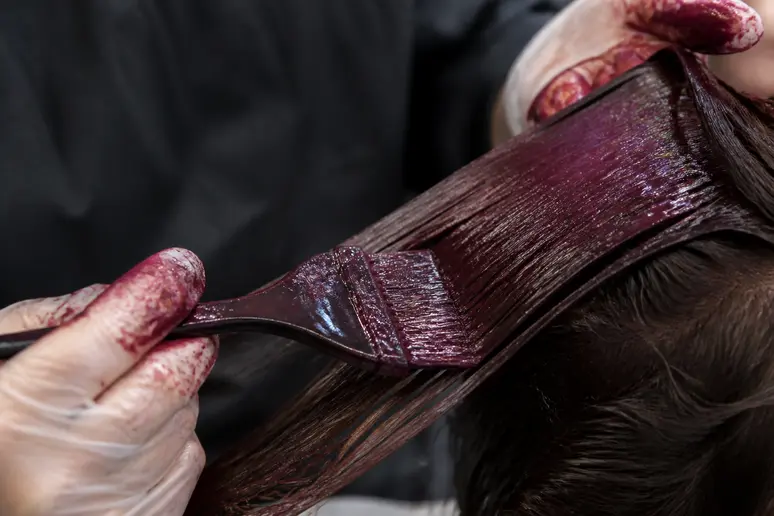 Application minutieuse d'une coloration rouge bordeaux sur des mèches de cheveux bruns