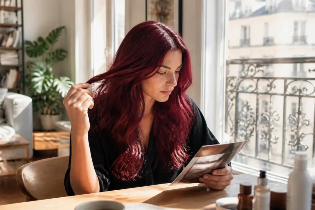 Jeune femme examinant sa chevelure brillante avec une coloration de cheveux rouge bordeaux dans un salon lumineux