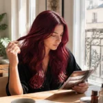 Cheveux rouge bordeaux : faut-il décolorer sur base brune ? Jeune femme examinant sa chevelure brillante avec une coloration de cheveux rouge bordeaux dans un salon lumineux