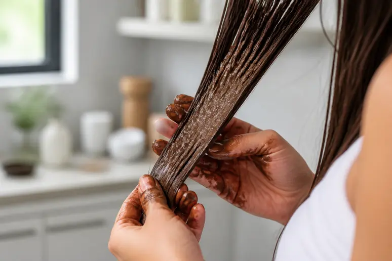 Application d'un soin repigmentant sur des mèches de cheveux moka pour raviver la couleur