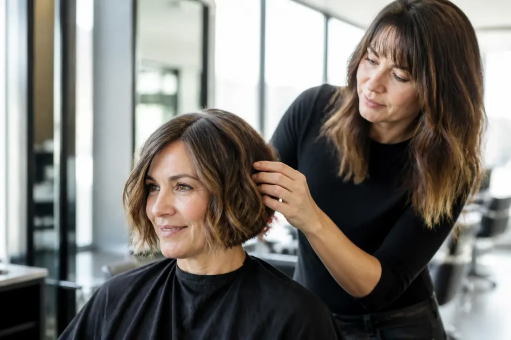 Une femme aux cheveux texturés découvre sa nouvelle coupe cowboy bob dans un salon de coiffure lumineux.
