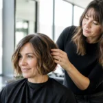 Une femme aux cheveux texturés découvre sa nouvelle coupe cowboy bob dans un salon de coiffure lumineux.