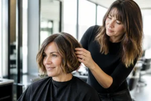 Une femme aux cheveux texturés découvre sa nouvelle coupe cowboy bob dans un salon de coiffure lumineux.