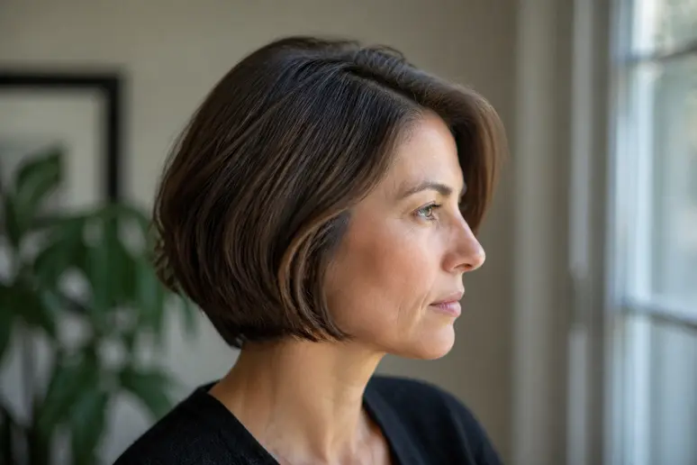Femme portant un skimmed bob avec une raie décentrée pour adoucir les traits du visage.