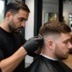 Dégradé homme 3 6 9 : commencer par le sabot 3 ou 9 mm ? Un coiffeur réalise un dégradé homme 3 6 9 avec une tondeuse professionnelle dans un salon lumineux