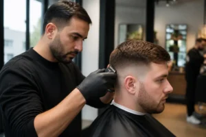 Un coiffeur réalise un dégradé homme 3 6 9 avec une tondeuse professionnelle dans un salon lumineux
