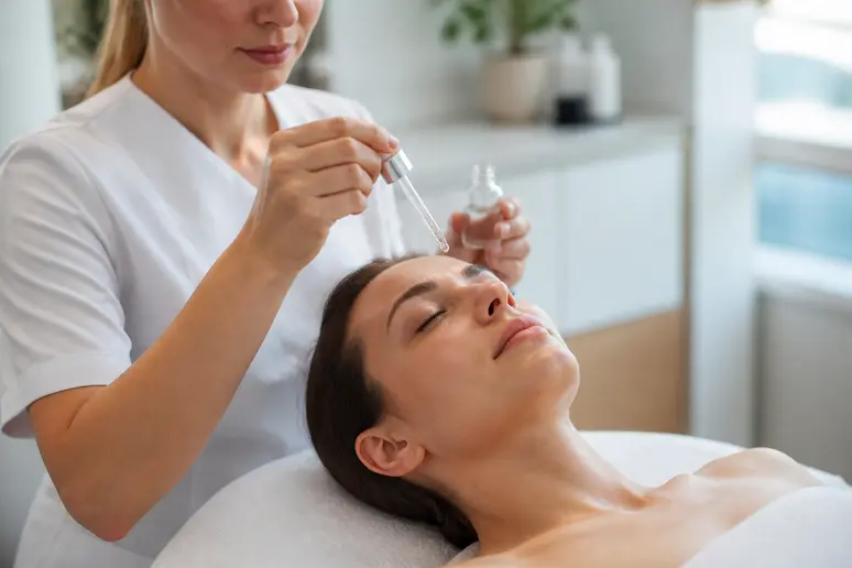 Praticien appliquant un soin topique aux exosomes sur le visage d'une cliente en cabinet.