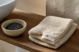 Un gant de kessa avis posé sur une étagère en bois dans une salle de bain lumineuse