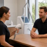 Un homme en polo discute avec une esthéticienne avant une séance d'épilation laser homme zones.
