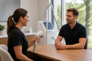 Un homme en polo discute avec une esthéticienne avant une séance d'épilation laser homme zones.