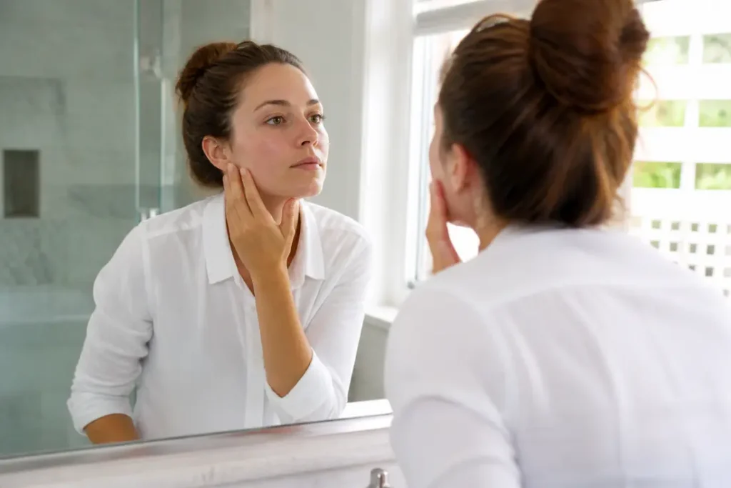 Femme examinant son visage dans un miroir lumineux pour observer le résultat d'un soin Hydrafacial avant apres.
