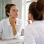 Femme examinant son visage dans un miroir lumineux pour observer le résultat d'un soin Hydrafacial avant apres.
