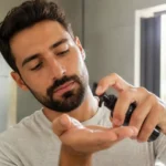 homme appliquant un soin à la mucine sur sa limace barbe dans une salle de bain lumineuse