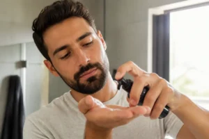 homme appliquant un soin à la mucine sur sa limace barbe dans une salle de bain lumineuse