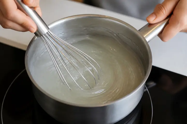 Mains préparant un masque maizena cheveux bien homogène avec un petit fouet de cuisine.