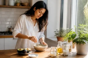 femme préparant un soin capillaire naturel dans sa cuisine lumineuse avec le masque maizena cheveux