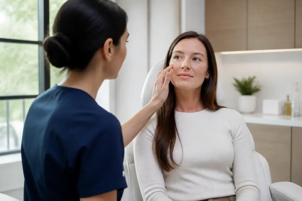 Consultation en cabinet d'esthétique pour évaluer le skinbooster prix résultats avis avant le soin.
